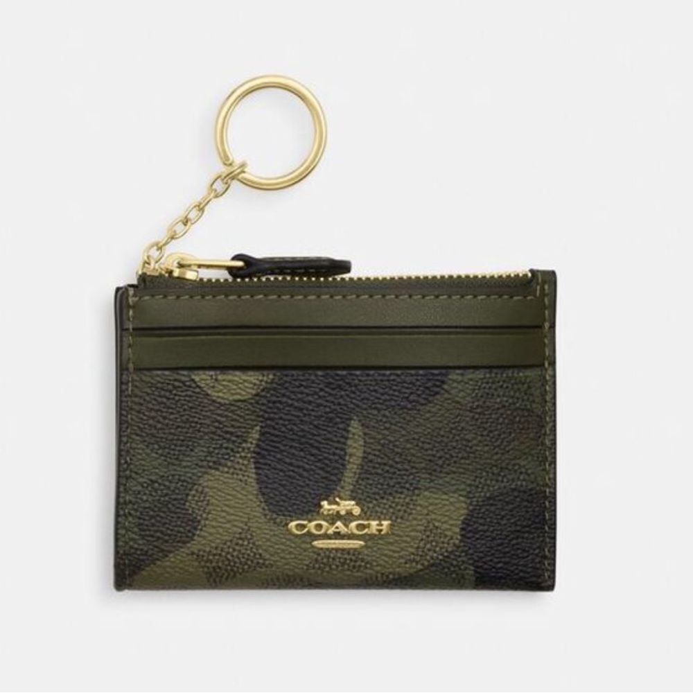 Coach Mini Skinny ID Card Case Signature Camo Print Gold/Dark Cypress Multi NWT